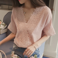 Women Casual Simple V Neck T-shirt Lace Hollow Loose All-match Tops Pink