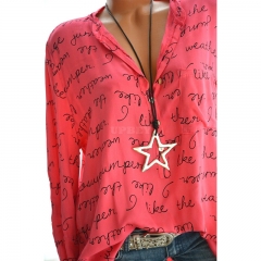Women Casual Shirt V-Neck Letters Print Long Sleeve Fashionable Pullover Top red