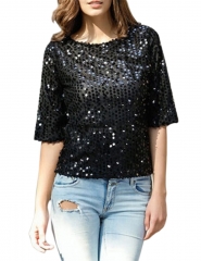 Women Sexy Sequins Round Neck T-shirt Three-quarter Sleeve Casual Tops Clothes black