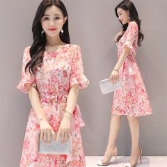 Women Summer Tight Waist Flare Sleeve Floral Printing Lacing Dress Pink