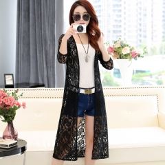 Women Simple Leisure Solid Color Cardigan Lace Mesh Sunscreen Beach Shirt Tops  black