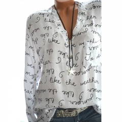 Women Casual Shirt V-Neck Letters Print Long Sleeve Fashionable Pullover Top white