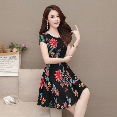 Women Floral Printed Casual Short Sleeves ALine Waisted Dress red flower