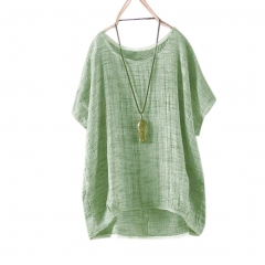 Women Round Collar Casual Flax Tops Fashion Breathable Solid Color Loose Tops green