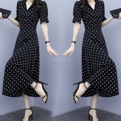 Summer Slim V-neck ALine Dress Simple Dot Flare Sleeves Middle Long Causal Dress black