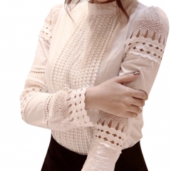 Women Blouses Slim Long-sleeved White Shirt Lace Hook Flower Hollow Standing Collar Tops white