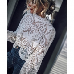 Women Sexy Solid Color See Through Long Sleeve Stand Collar Lace Shirt white