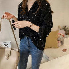 Women Polka Dot Printed Chiffon Blouse Long Sleeves Tops black