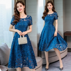 Women Summer Casual Loose Short Sleeve Tight Waist Lace Splicing Dress Peacock blue