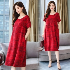 Women Summer Round Collar Loose Short Sleeve Printing Dress red