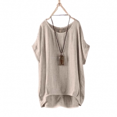 Women Round Collar Casual Flax Tops Fashion Breathable Solid Color Loose Tops gray