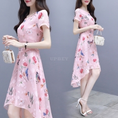 Summer Irregular Middle Long Dress Flower Bird Short Sleeves Slim Causal Dress Pink