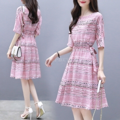 Summer Elegant ALine Ribbon Dress Boat Neck Thin Stripe Half Sleeves Casual Loose Dress Pink