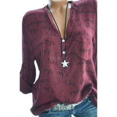 Women Casual Shirt V-Neck Letters Print Long Sleeve Fashionable Pullover Top Wine red