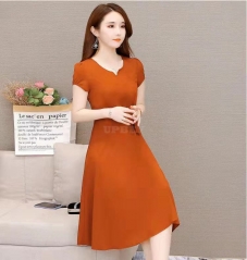 Woman Summer Loose Pure Color Short Sleeves Mid-length Dress Female Fashion Dress Orange