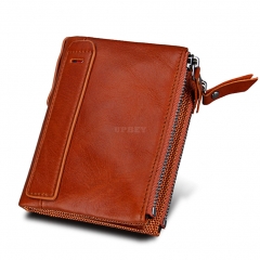 Genuine Cowhide Leather Men Wallets Double Zipper Short Purse Coin Pockets Anti RFID Card Holders orange