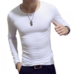 Fashion Men Long Sleeve Shirt Soft Slim T-shirt Concise Solid Color Tops  white round neck