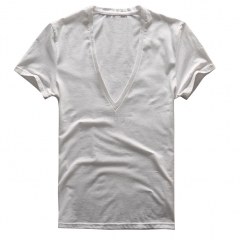 Men Slim Type Sexy Stretch Solid Color Deep V-neck T-shirt  white