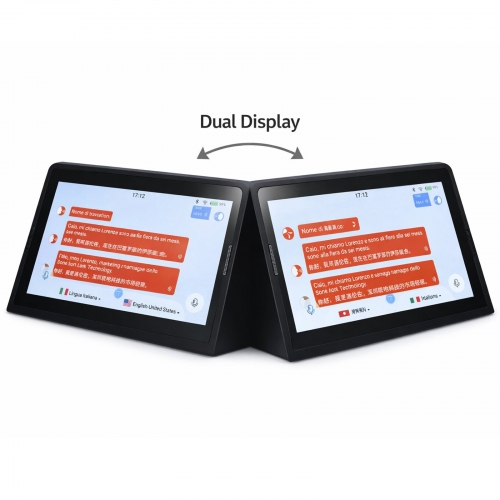 Fit Dual Screen Smart Translator – 7” Android Display with Battery, Speaker, Desktop Stand for Airports, Hotels, Restaurants, Retail & Meeting Rooms