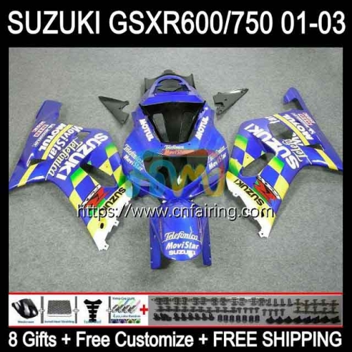 Injection Mold Body For SUZUKI GSX-R750 K1 GSXR600 GSXR-750 GSXR 600 750 CC 01 02 Movistar Blue 03 GSXR-600 GSXR750 2001 2002 2003 OEM Fairing 32HM.29