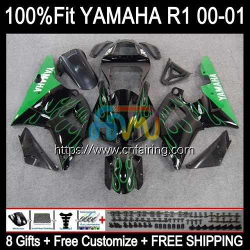 Injection Kit For YAMAHA YZF R1 1000CC Green Flames YZF-R1 YZF-1000 Bodywork YZF R 1 1000 CC Body YZFR1 00 01 YZF1000 2000 2001 OEM Fairings 106HM.8