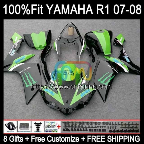 Injection Mold OEM For YAMAHA YZF R1 1000CC YZF-1000 2007 2008 YZF1000 C 07-08 Bodys YZF-R1 YZF R 1 1000 CC YZFR1 07 08 Fairing 111HM.51 Green Black