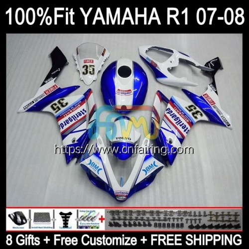 Injection Mold OEM For YAMAHA White blue YZF R1 1000CC YZF-1000 2007 2008 YZF1000 C 07-08 Bodys YZF-R1 YZF R 1 1000 CC YZFR1 07 08 Fairing 111HM.67