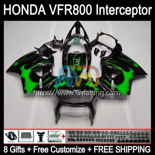 Body For HONDA Green flames Interceptor VFR-800R VFR800RR VFR800R VFR-800 1998 1999 2000 2001 VFR800 VFR 800RR 800 R RR 98 99 00 01 Fairings 128HM.72