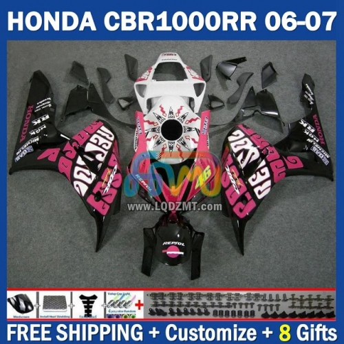 Repsol Pink Black Injection Molding Full Body Kit 100% Fit For HONDA CBR1000 CC CBR 1000RR 1000CC 2006-2007 230No.0 CBR1000CC CBR1000RR 06 07 CBR 1000 RR 2006 2007 Years Frame Bodywork Free Customization OEM Motorcycle Fairing Kit With Free Shipping