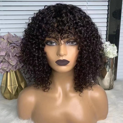 Soshiny Maching Made Wig With Bang Curly Brazilian Virgin Hair 1B Color