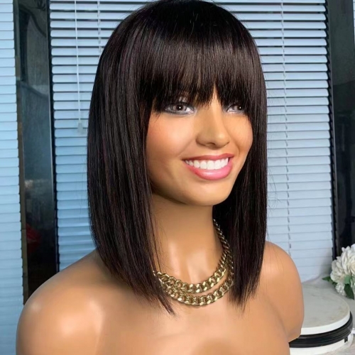 Soshiny Maching Made Wig With Bang Straight Human Virgin Hair 1B Color In Stock