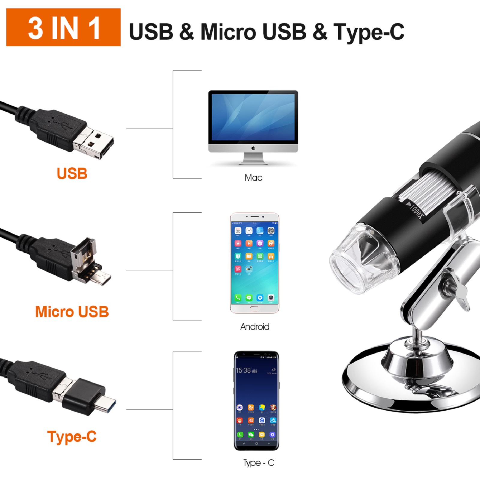 UM012A Professionnel microscope numérique USB avec 8 LED et zoom 0 -1600X