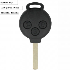 3 Buttons Smart Remote Key 315/433Mhz with ID46 (7941 ) Chip, CR2016 Battery for MB Smart-451 2007-2013