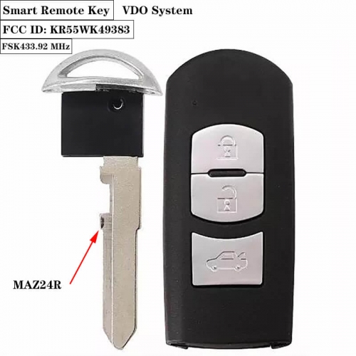 VDO System Wing 3 Button FSK433.92 MHz Smart Remote Key (CAR) MAZ24R For Maz*da FCC ID: KR55WK49383 