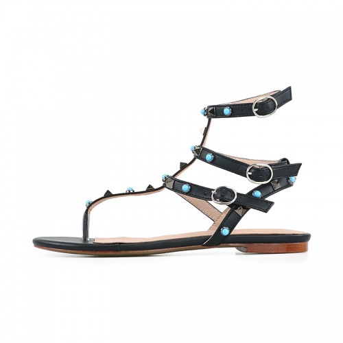 Moira Black Cow Leather Green Studs Flat Sandals