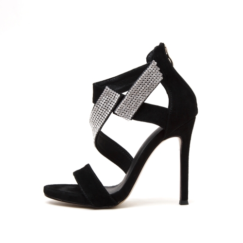 Emma Black Suede Leather Diamond Sandals