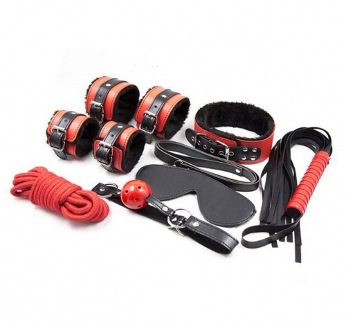 MOG BDSM bondage set Black and red plush leather seven-piece suit hancuffs whip rope mask neck collar SM bondage set for adult game