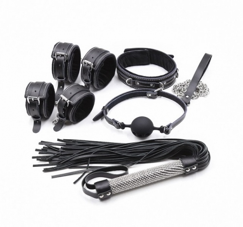 MOG SM bondage set for adult game Diamond leather whip 5 piece set hancuffs  mouth gags neck collar  BDSM bondage set