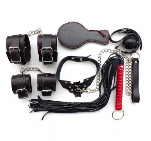 MOG BDSM bondage suit Leather black eye mask handcuff whip mouth plug 7 piece set SM fetish slave adult game for couples