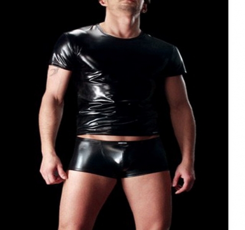MOG Men's black patent leather sexy short-sleeved pants