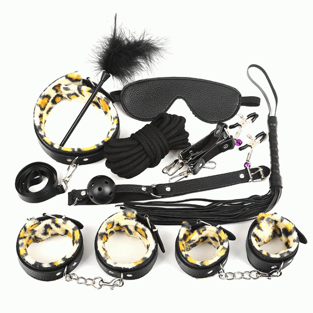 MOG Adult leather leopard print plush fun set with 17 pieces bundle bondage couple flirt sex props