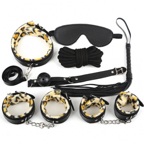 MOG Sexy leather plush leopard 7-piece set couple bondage bondage femdom handcuffs adult sex products