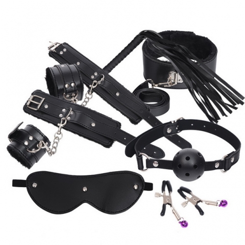 MOG Sexy Plush Leather 7-piece Set Alternative Toys Couple Sexual Adult Products Black Leather Set