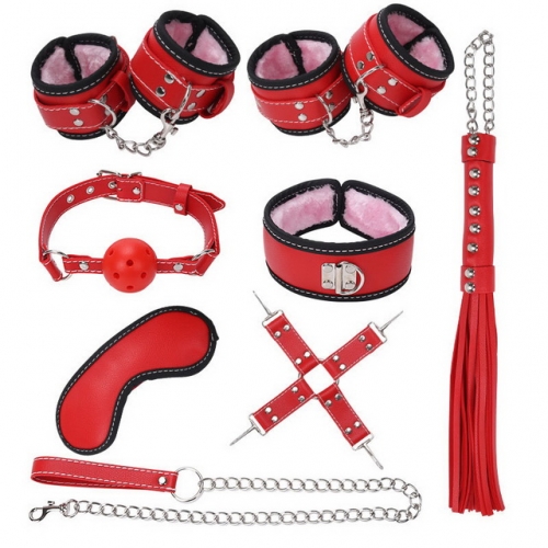 MOG Stimulate bdsm bondage set 7-piece set femdom bundle bondage set plush leather handcuffs neck collar whip mack adult sex for couples