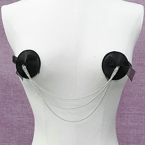 MOG Sexy nipple stickers black round silver metal chain sexy chest stickers