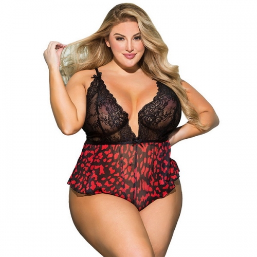 European and American XL Sexy Lingerie Sexy Polka Dot Deep V Lace Sexy One-piece