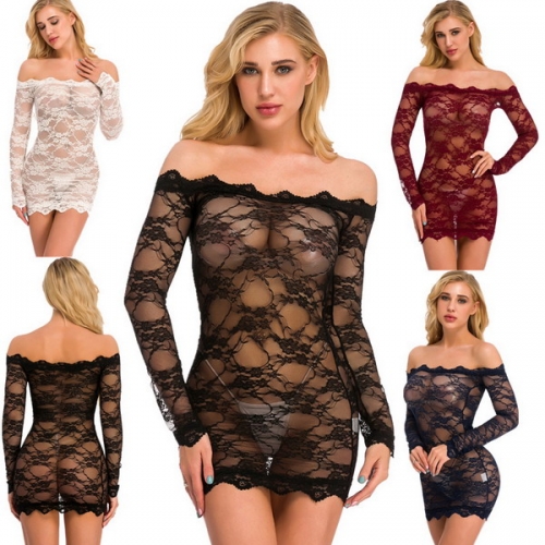 European and American erotic lingerie sexy solid color lace one-shoulder tube top long-sleeved one-piece pajamas