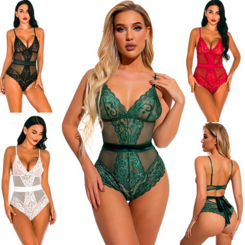 European and American women's lace fight receiving waist deep V low-cut sexy one-piece underwear