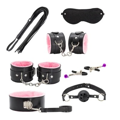 MOG 7-Piece Plush Leather Erotic Suit Bundled Bondage Couple Flirting Sex Supplies