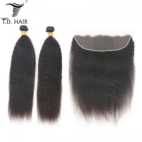 TD Hair 2PCS/Pack Kinky Straight Virgin hair  Bundles With 13x4 Transparent Swiss Lace Frontal For Black Women Weave Hair Extension